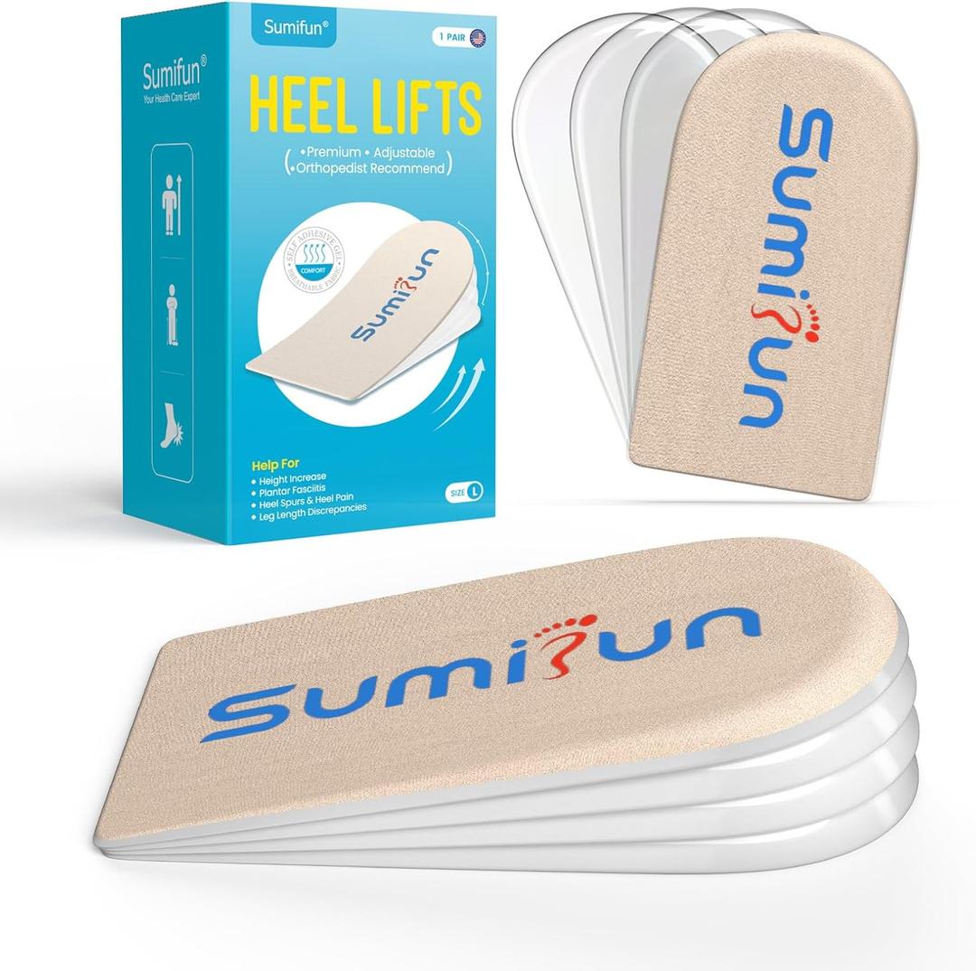 Sumifun Heel Lift, 4-Layer 1 Inch Gel Shoe Lifts for Women Uneven Legs, Adjustable Orthopedic Heel Lifts for Heel Pain and Leg Length Discrepancy, Heel Wedge Inserts 1/4" 1/2" 3/4" (Size L, Beige)