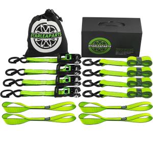 Motorcycle Tie Down Strap (4PK) - 2,100lb Break Strength Premium 15ft Ratchet Tie Down Straps Set, Soft Loop Ratchet Straps for Moving Appliances, Lawn Equipment, Cargo Straps for Trucks (Green)