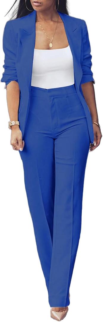 HuiSiFang Womens Fall Fashion 2 Piece Blazer Sets Open Front Blazers and Slim Fit Pants Suits Set (Large, 529-royal Blue)