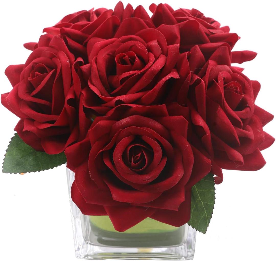 Fule Artificial Velvet Rose Flower Centerpiece Arrangement in vase for Home Wedding Decoration (Burgundy)