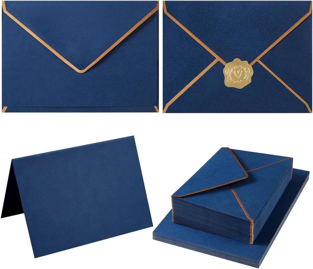50 Pack A4 Envelopes with 4x6 Folded Cards and Gold Stickers, 4x6 Gold Envelopes for Office, Wedding, Invitations, Graduation, Baby Shower (Navy Blue, 4x6)