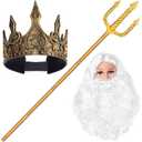 3Pcs Halloween Poseidon Costumes Include Trident Wig Beard and Crown Neptune Costume for Men Women Halloween Dress Up