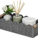 CubesLand Scalloped Edge Toilet Paper Storage Basket, Living Room Home Cozy Decor Basket, Paper Rope Small Baskets for Over Toilet Storage Shelf, End Table, Shelves, with 2 Wooden Handles, Grey