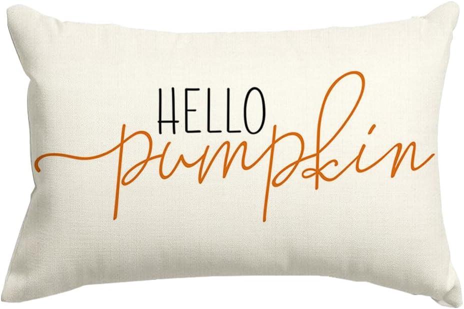 3 x RABUSOFA Fall Pillow Covers 12x20 Inch,Autumn Hello Pumpkin Pillows Decorative Throw Pillows,Lumbar Outdoor Thanksgiving Cushion Cover Farmhosue Fall Decor for Bedroom Couch Sofa White