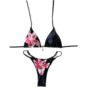 GORGLITTER Women's Floral Thong Bikini Set Triangle Halter Brazilian 2 Piece Swimsuit Cute Boho Summer Vacation Bathing Suit (Medium, Black and Pink)