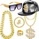 80s 90s Hip Hop Costumes Outfit Kit Fake Gold Chain Necklace Dollar Sign Cap Jewelry Set Rapper Accessories (Black)