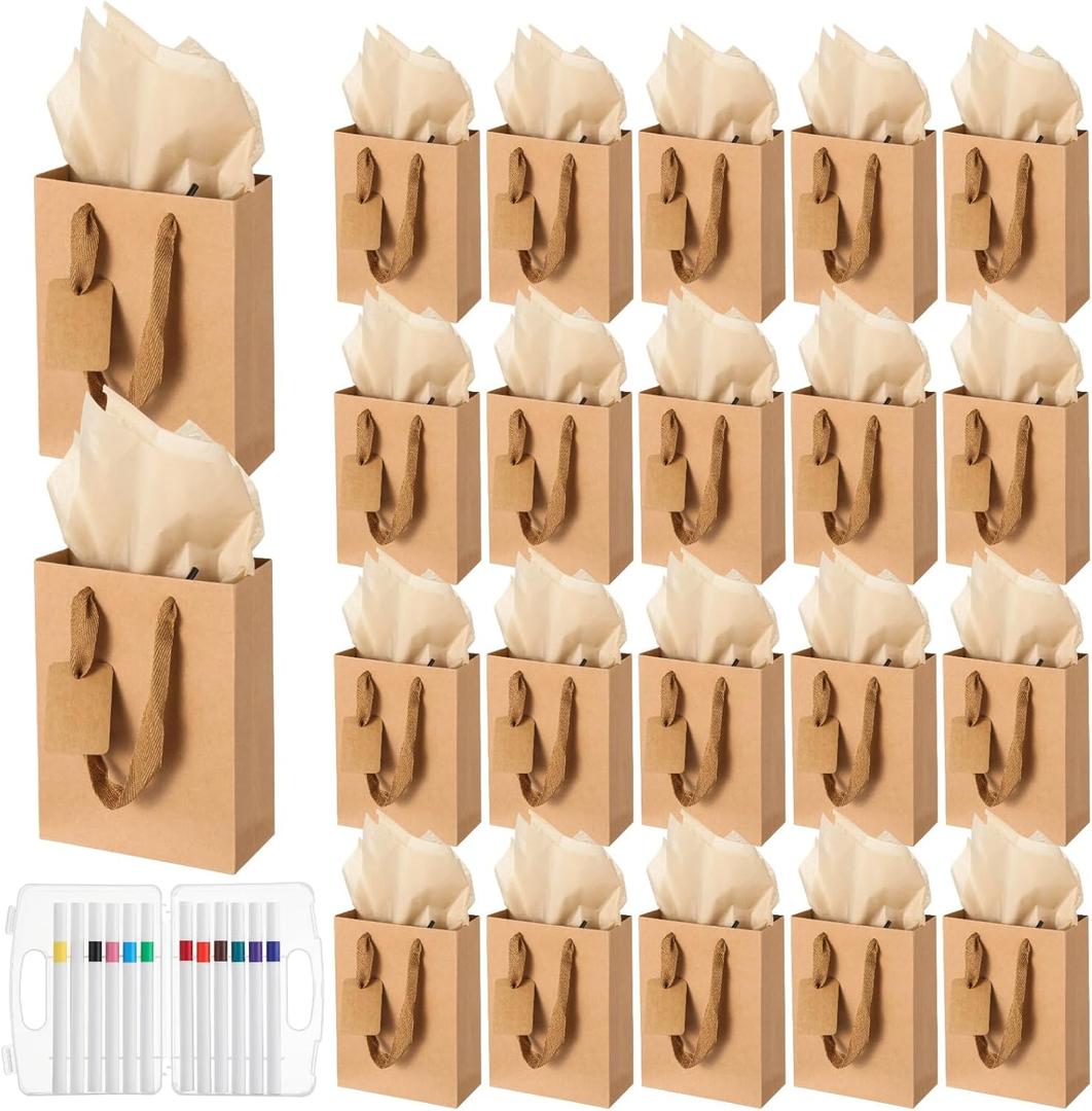 Calolin 100 Set Kraft Paper Gift Bag bulk, 4.72.26.3Inch Mini Gift Bags with Handles, Gift Cards, and Tissue Papers, Markers, Kraft Party Favor Bags for DIY, Parties, Birthday, Wedding Showers