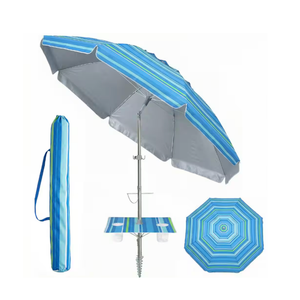 7 ft. Metal Tilt Beach Umbrella with Sand Anchor and Carry Bag, Built-In Table Tray in Baby Blue Stripes