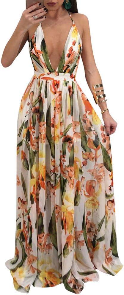 Remelon Womens Sexy Spaghetti Strap Deep V Neck Floral Boho Criss Cross Backless Chiffon Beach Party Long Maxi Dress (Small, Yellow)