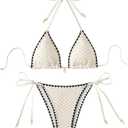 SHENHE Women's 2 Piece Triangle Tie Side Beach Bikini Sets Geo Print Halter Swimsuit Bathing Suit X-Small, Gear Edge Beige