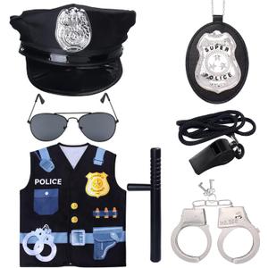 Kids Police Costume Set-7 Pcs Police Officer Dress Up for boys-Hat,Vest, Badge,Whistle,Sunglasses,Handcuff,Baton