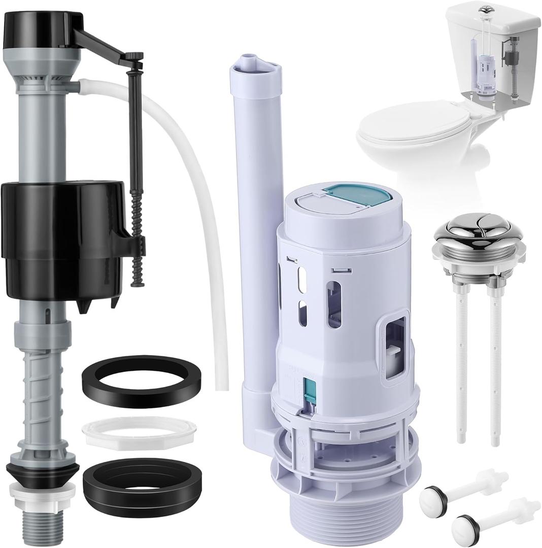 Saillong 1 Pack 3 Inch Universal Toilet Tank Replacement Kit, Include Dual Flush Valve with Push Button, Toilet Fill Valve, Bowl Gasket and Plastic Bolts, Tank Parts Replacement for 2-Piece