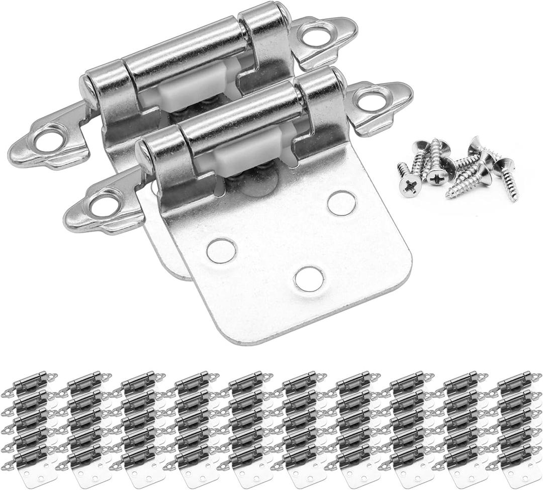 Satin Brushed Nickel Kitchen Cabinet Hinges, 50 Pack (25 Pairs) - 1/2" Overlay, Self-Closing Flush Mount Cabinet Hinges with Screws