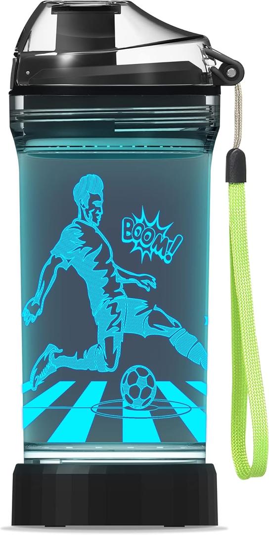 Lightzz Soccer Water Bottle with 3D Glowing Light Up, 14 OZ Tritan BPA Free Kids Water Bottle, Creative Ideal Travel Soccer Cup Gift for Boys 8-12 Child Holiday Camping Picnic