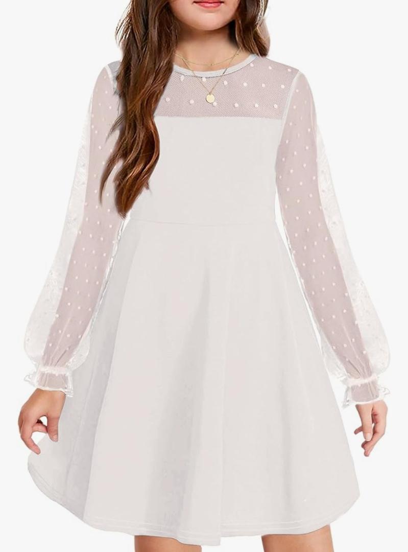 Arshiner Girl's Contrast Mesh Puff Long Sleeve High Waist A Line Short Dress with Pockets 165, 14-16 Years