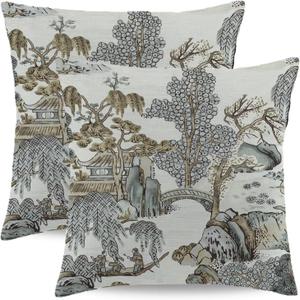 Chinoiserie Pillow Covers 20x20 Inch Set of 2 Asian Scenic Grey and Brown Throw Pillows Farmhouse Chinoiserie Decorative Pillowcase Linen Cushion Cover for Home Sofa Bedroom Outdoor