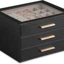 Frebeauty Clear Lid Jewelry Box,3-Layer Jewelry Organizer with Drawer,PU Leather Jewelry Organizers and Storage,Jewelry Boxes for Women,Jewelry Storage for Rings Earring Stud,Gift for Women(Black)