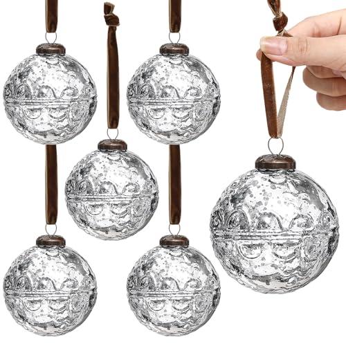 Threan 6 Pcs Large Vintage Mercury Glass Christmas Ornaments 3.15" Hanging Christmas Ball Ornaments Antique Embossed Ball Decorations for Xmas Tree Garland Wreath Holiday Decor(Silver, Etched)