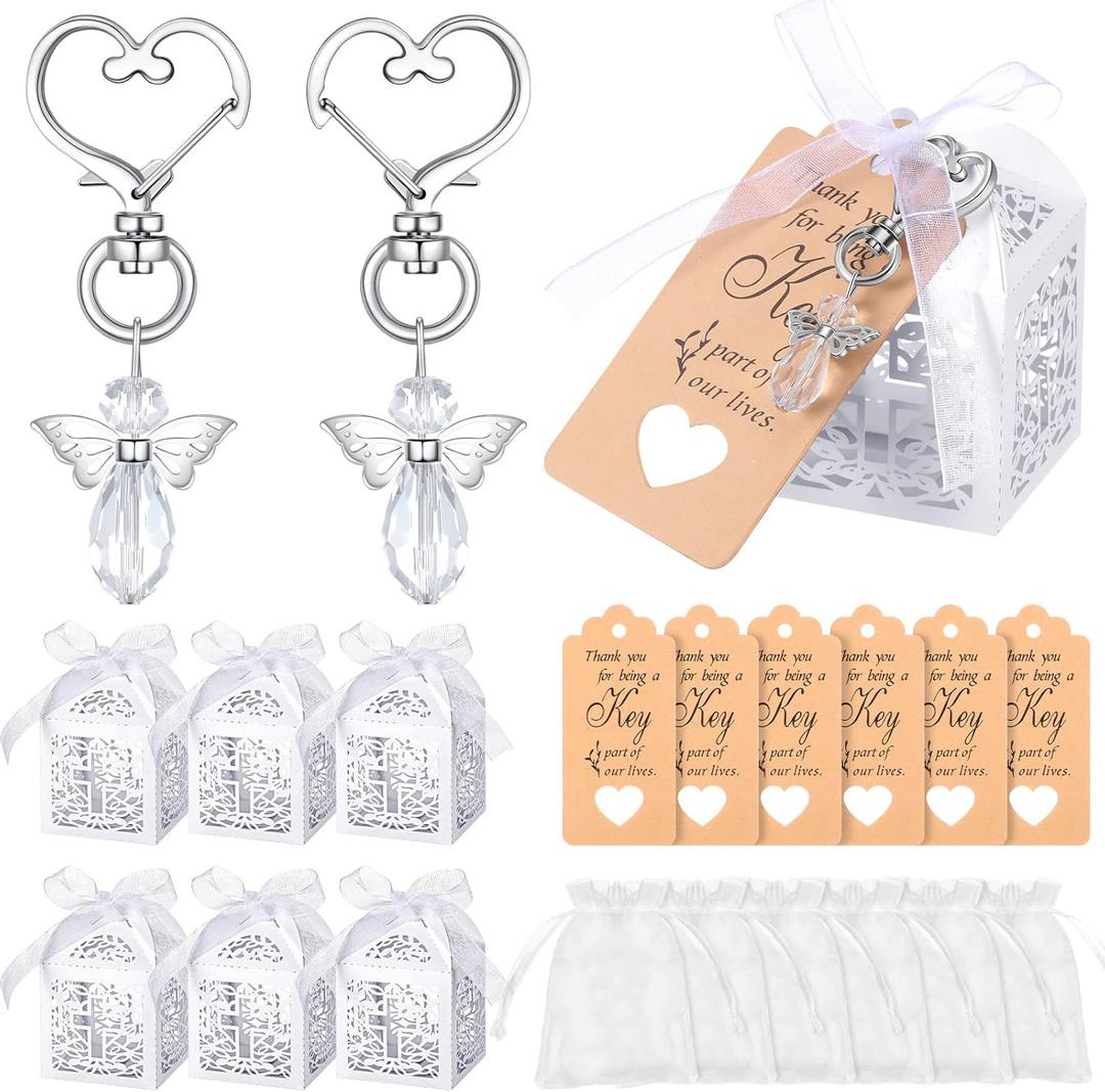 Fumete 100 Pieces Baptism Favors Set Angel Keychains Favor Baptism Boxes White Organza Bags with Tags for Bautizo Recuerdos Christening Memorial Gifts Wedding Baby Shower Party Supplies