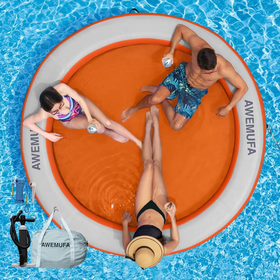8ft Water Hammock 8 inches Thick Round Float Ring with Mesh Lake Floats for Adults Heavy Duty Circle Floating Mat for Pool Inflatable Water Raft for Summer Parties (Orange/Orange)