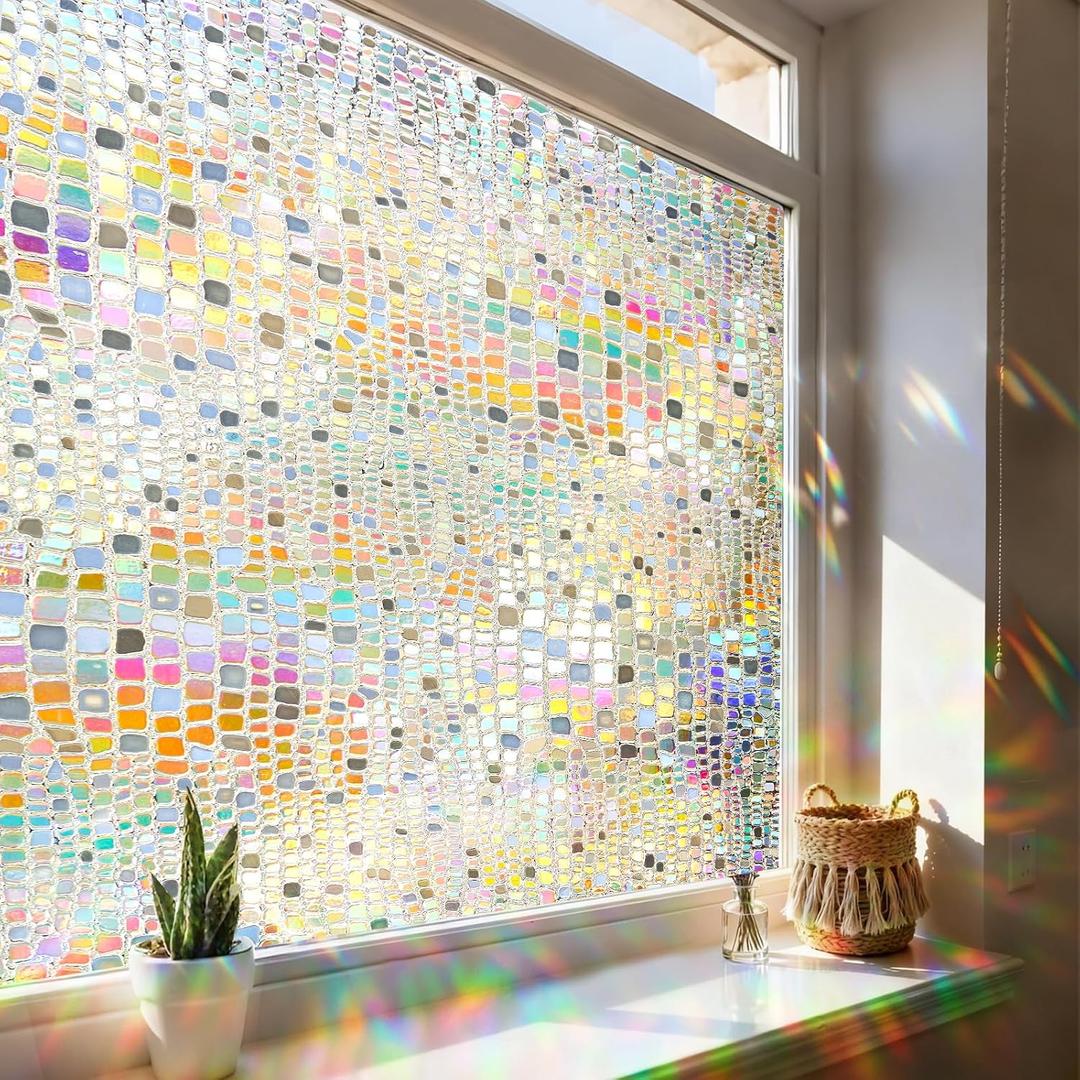 Windimiley Window Privacy Film 3D Rainbow Stained Glass Static Clings | Bathroom Decorative Sticker,Prism Holographic Sun Blocking Decals for Front Door Home Removable,Coverings,17.5x78.7 In,Pure