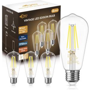 3 x DORESshop 6W Vintage Led Edison Bulbs, Daylight White 4000K, 60W Equivalent, ST58 Antique Style Edison Light Bulb with 80+CRI, 600LM, E26 Medium Base, Non Dimmable, High Brightness Clear Glass, 4Pack