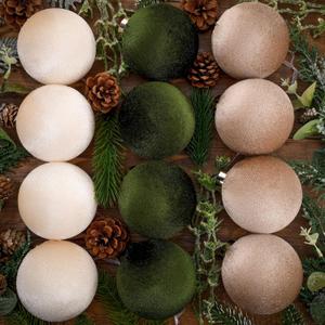 12 Pcs Velvet Christmas Balls Bulk Shatterproof Christmas Balls Xmas Plastic Decorative Hanging Ornaments Set for Xmas Tree Holiday Home Party Decorations (Khaki, Creamy White, Green, 2.4 inch)