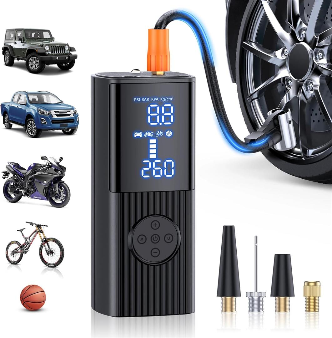 Tire Inflator Portable Air Compressor-180PSI & 20000mAh Portable Air Pump, Accurate Pressure LCD Display, 3X Fast Inflation for Cars, Bikes & Motorcycle Tires, Balls (Black)