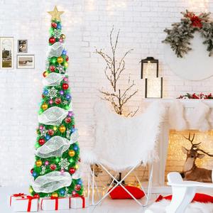 5FT Pop Up Christmas Tree with Lights, Pre Decorated with Ribbons Collapsible Artificial Pencil Christmas Tree with Ornaments, Snowflakes, Xmas Holiday Decor for Home, Apartment, Office, Party