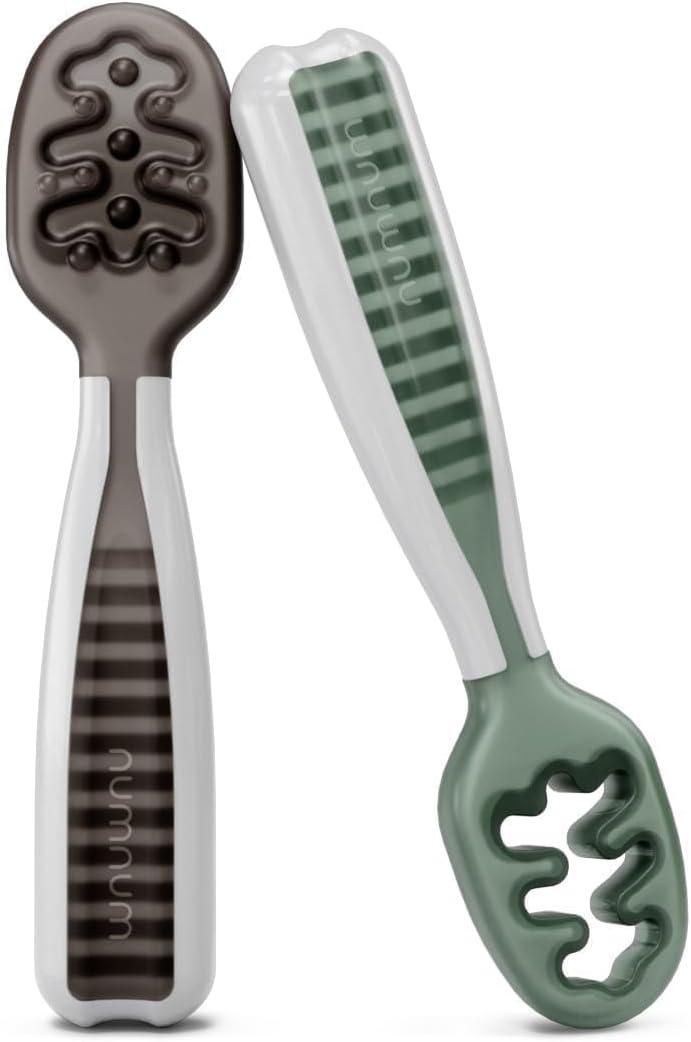 NumNum Baby Spoons Set, Baby Essentials Pre-Spoon GOOtensils for 6+ Months, First Stage Self-Feeding Spoons for Baby Led Weaning (BLW), Silicone Toddler Utensils, BPA-Free, 2 Pack Gray/Green