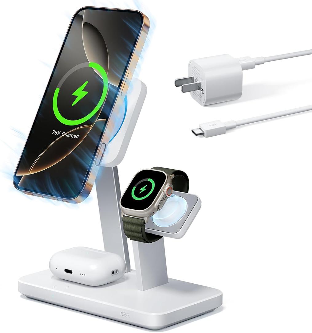 ESR 25W 3-in-1 Charger Stand for Magsafe, Made for Apple-Certified Magnetic Wireless Charger, 15W Charging Station for iPhone 17-12 Apple Watch/AirPods Pro, Phone-Cooling Charger, White