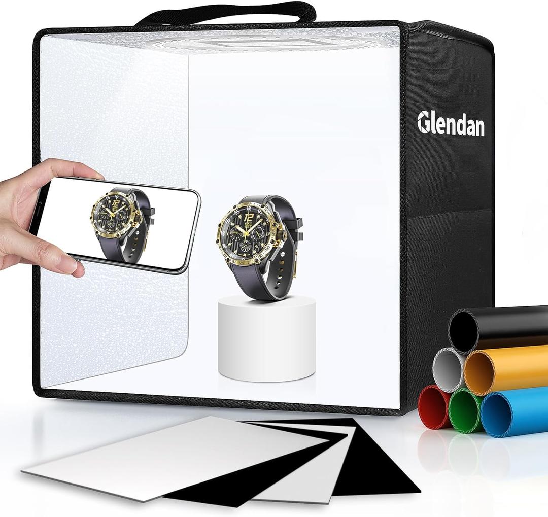 Glendan Light Box Photography, 10"x10" Photo Box with 88 High Color Rendering Index LED Lights, 6 Color PVC Backdrops, 4 Reflection Boards and 1 Diffuser for Jewelry and Small Item Product Photography (10*10 Inch)