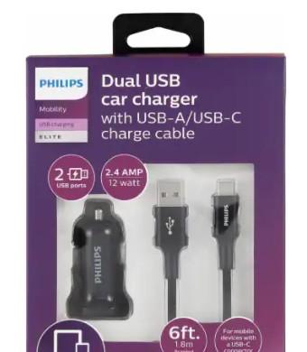 Philips Charging Pack 1 DC Charger 2 USB 2.4A & 1USB-A-C Cable Braided