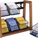 HTB 2 Tier Tea Organizer for Tea Bags, Tea Bag Holder with Acacia Wood Stand and 6 Removable Metal Basket for Sugar Packets, Sweeteners, Creamers for Cabinet, Countertop or Wall-mounted