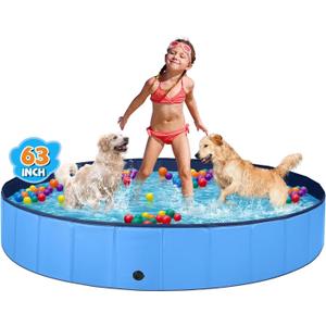 Jecoo Dog Pool for Large Dogs Kiddie Pool Hard Plastic Foldable Dog Bathing Tub Portable Outside Kids Swimming for Pets and Dogs Outdoor Backyard (XL-63" x 12", Blue)