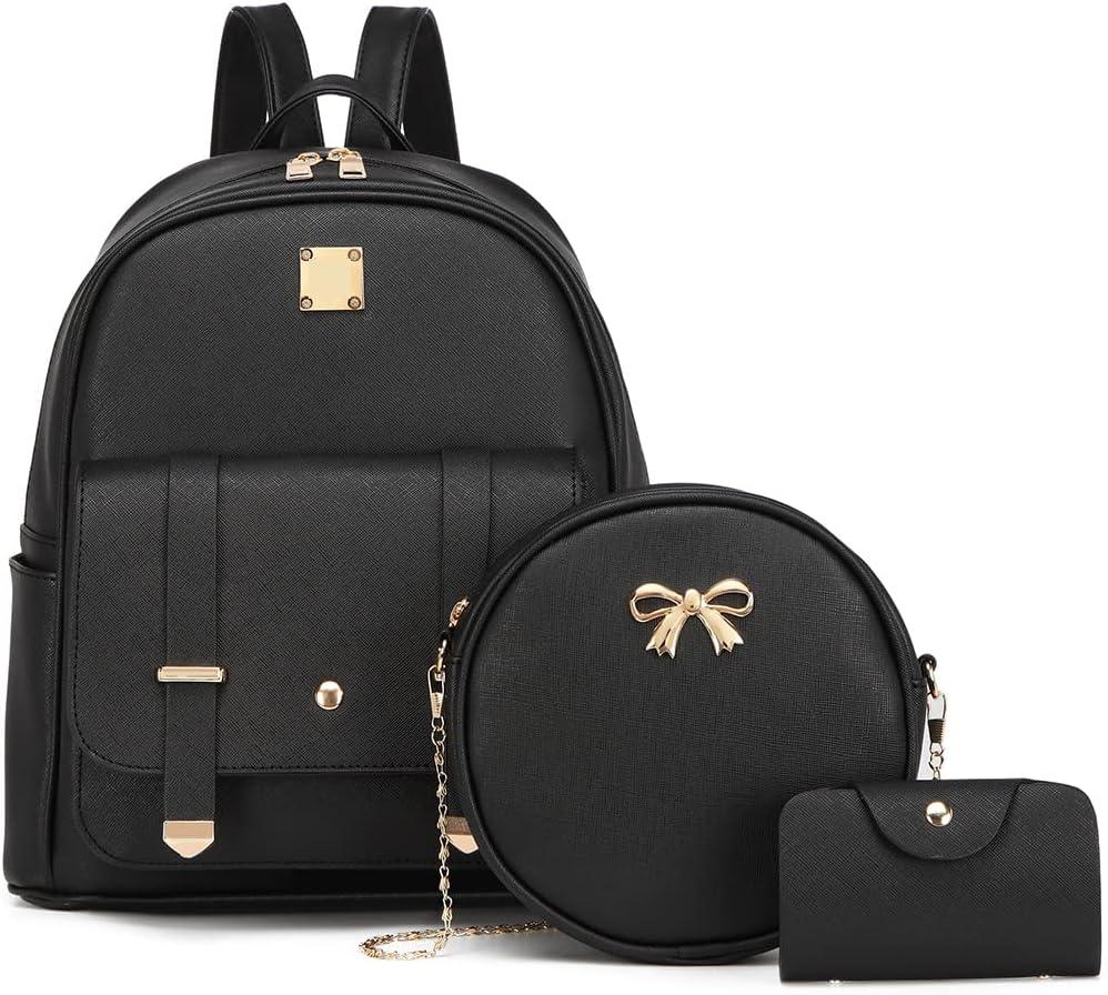 MACCINELO Cute Leather Mini Backpack Purse for Women Bowknot Small Backpack for Girls gift Rucksack Ladies Shoulder Bag 3pcs (04#black)