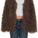 Womens Faux Fur Jacket with Pockets Long Sleeve Lapel Fluffy Oversized Shearling Winter Coat Outerwear, Size L, Brown