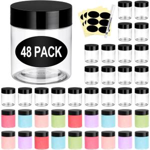 Eupako 48 Pack Plastic Jars with Lids 4 OZ - Empty Clear Cosmetics Containers with Pen and Labels, Round Small Plastic Jars with Screw On Lids for Slime, Makeup, Butter, Cream, Lotion, Pot, Dry Food