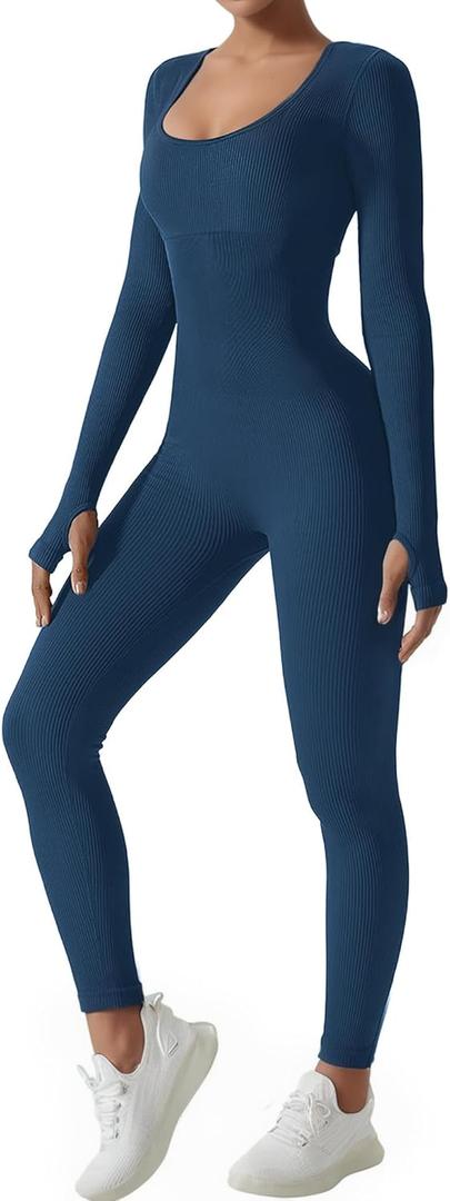 AURUZA Jumpsuits for Women Long Sleeve One Piece Jumpsuit for Women Workout Seamless Jumpsuits Exercise Tummy Control Rompers (Small, Navy Blue)