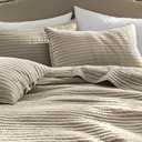 WDCOZY 100% Cotton King Size Quilt Set - Beige Neutral Striped Pick Stitch Soft Lightweight Bedspread, Textured Like Linen, Farmhouse Country Rustic Coverlet, Shabby Chic Gauze Bedding, 3 Pieces