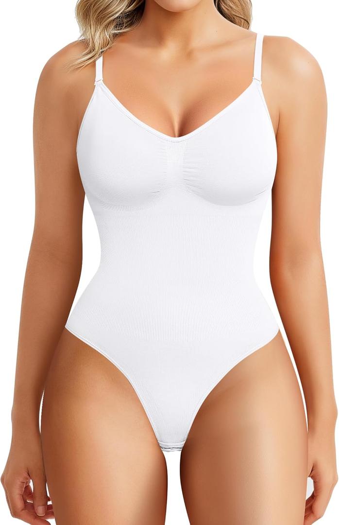 BRABIC Womens' Seamless Sleeveless V-Neck Bodysuit Shapewear Tummy Control (X-Small-Small, White Thong)