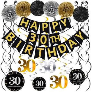 Famoby Black & Gold Glittery Happy 30th Birthday Banner,Poms,Sparkling 30 Hanging Swirls Kit for 30th Birthday Party 30th Anniversary Decorations Supplies