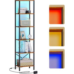 6-Tier Bookshelf, Tall Narrow Bookcase with LED Lights, Book Shelf with Steel Frame, Display Storage Shelf for Living Room, Bedroom, Home Office, Study, Balcony, Rustic Brown
