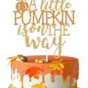 A Little Pumpkin is on the Way Cake Topper, Fall Baby Birthday, Autumn Thanksgiving Halloween Baby Shower Gender Reveal Pregnancy Annoucement Party Decorations Supplies, Gold and Orange Glitter