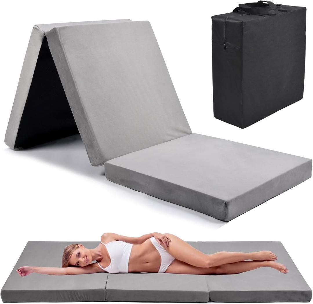 Memory Foam Foldable Mattress, Trifold Floor Bed Mattress with Dust Cover, Portable Waterproof Camping Pad Mat, for Outdoor Sleeping, Foldable, for Travel Truck Bed Tent
