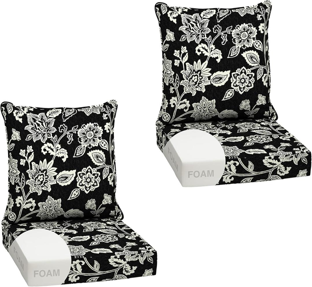 Arden Outdoor Foam Deep Seat Cushion Set (2-Pack), 24x24, Premium High-Density Foam, Never Flattens, Weather-Proof for Patio Chair Sofa Couch, Ashland Black Jacobean
