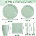 175 Pcs Party Plates and Cups and Napkins Sets, 9" Paper Plates, 7" Dessert Plate, 9oz Cups & Cutlery, 25 Guest Scalloped Sage Green Party Supplies for Wedding, Bridal Baby Shower, Birthday