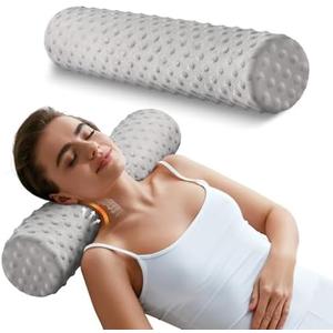 Sino Salected Memory Foam Round Pillow, Cervical Neck Pillow for Pain Relief, Cylinder Pillows 18"x 4", Removable Cover, Neck Roll Pillow for Sleeping, Velvet Dots, Grey