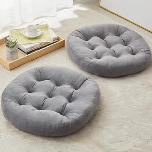 Quilmfoam Meditation Floor Pillow Cushions for Adults Kids Set of 2, Large Round Double-Side Corduroy Floor Pillows Seat Cushion, for Yoga Living Room Tatami Home Decor, Light Grey, 22 Inch