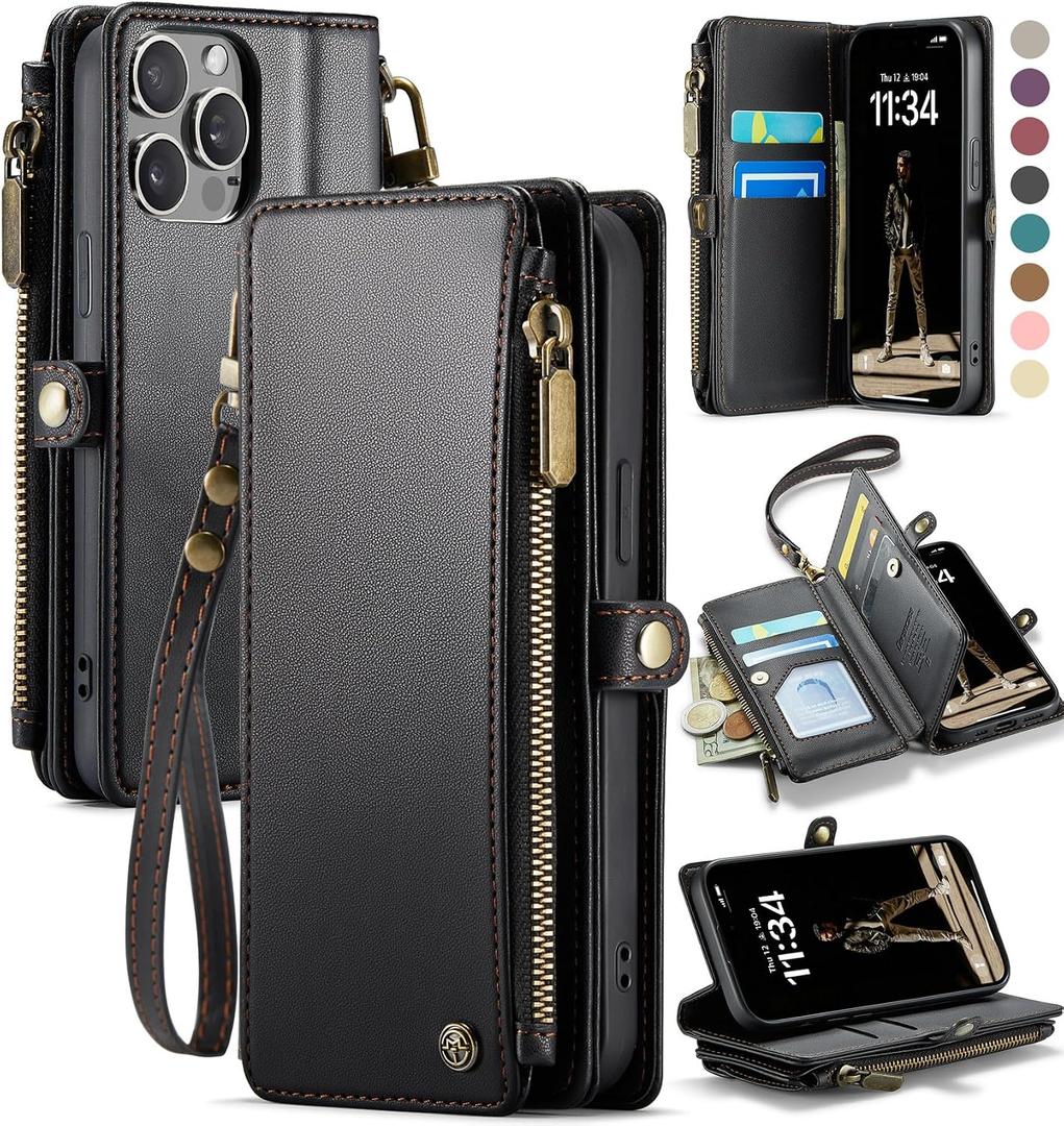 Defencase Compatible with iPhone 15 Pro Case Wallet with RFID Blocking Card Holder for Women Men, Soft PU Leather Magnetic Snap Flip Zipper Strap Wallet Phone Case Fit for iPhone 15 Pro 6.1", Black